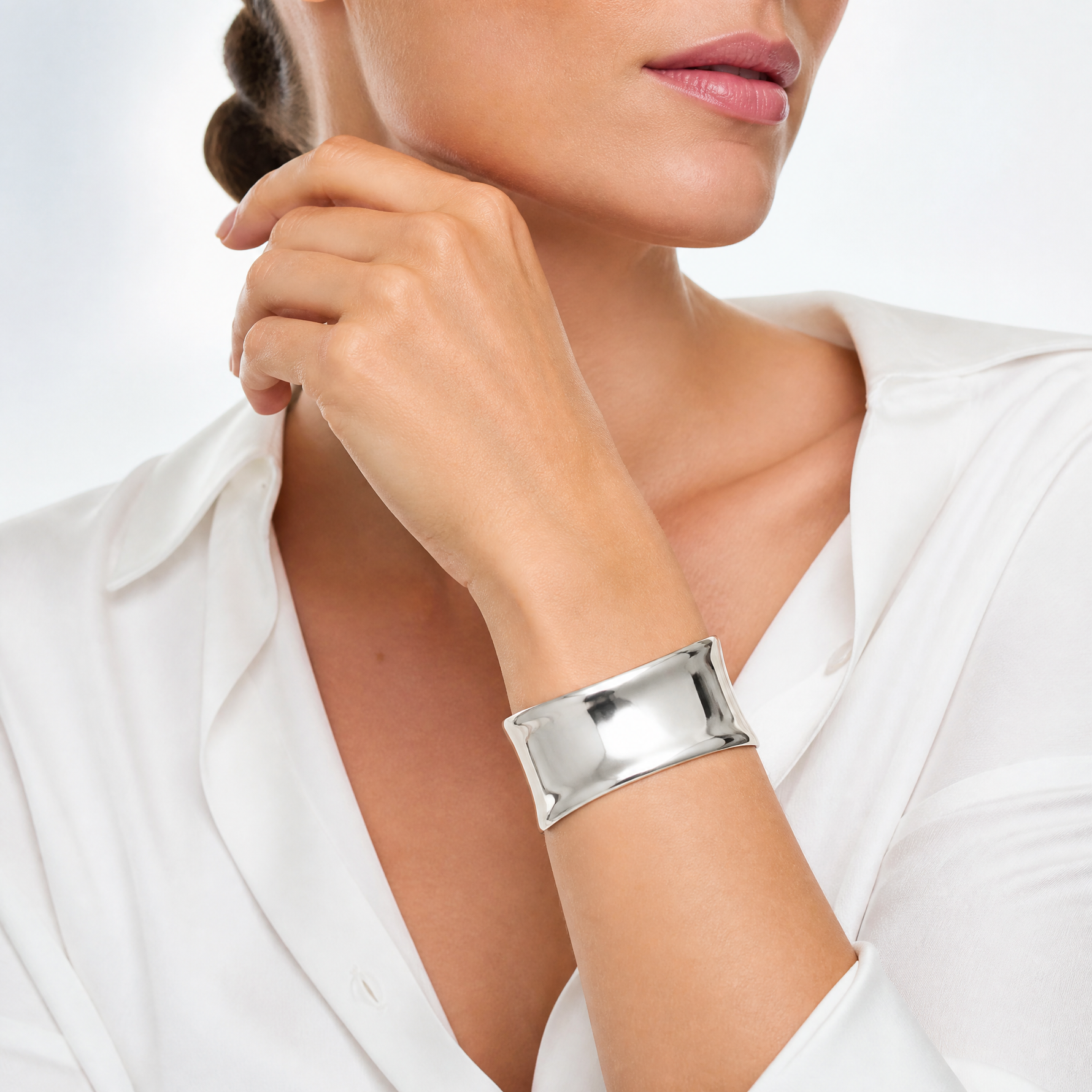 Sterling Silver Polished 30mm Concave Cuff Bangle - Model Shot