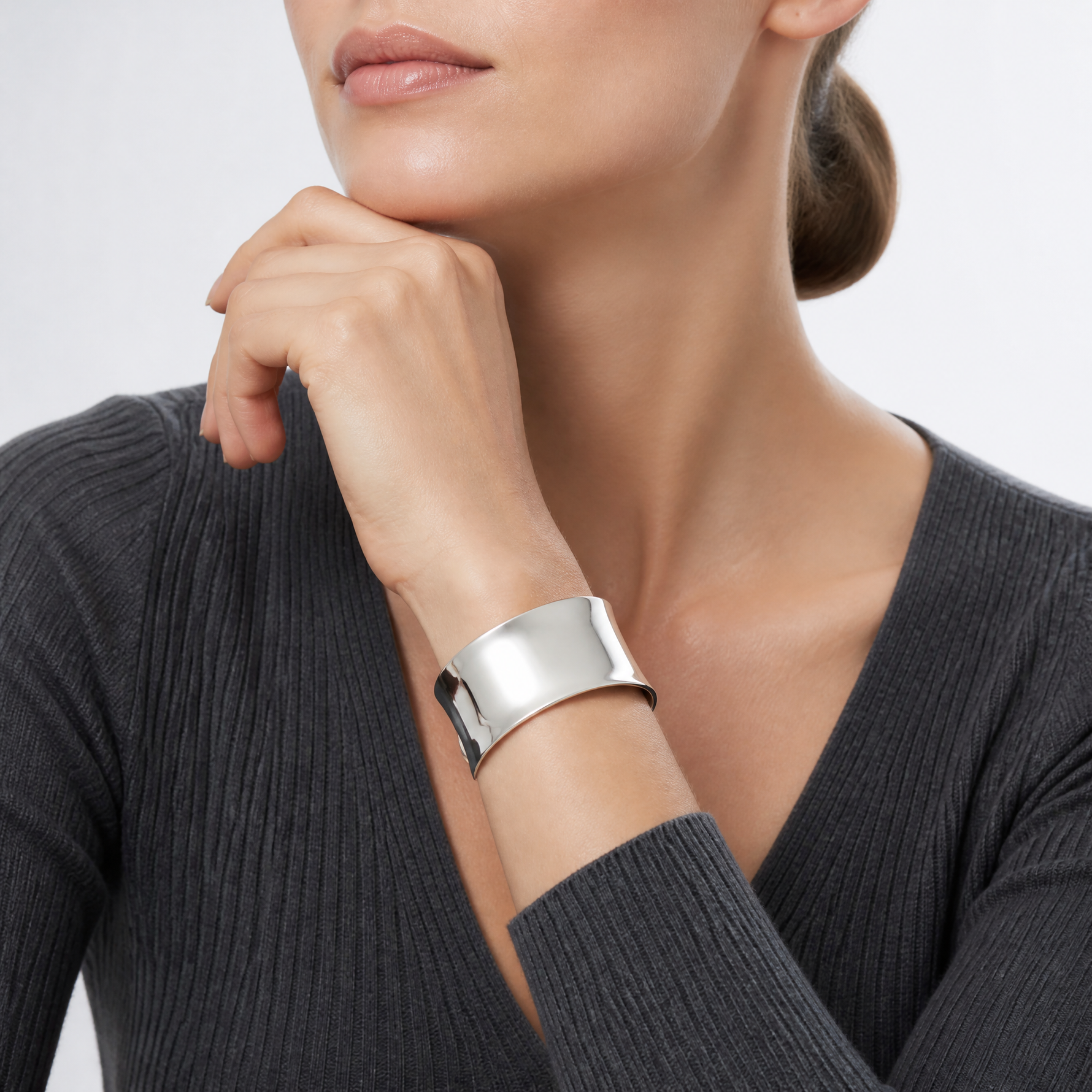 Sterling Silver Polished 40mm Concave Cuff Bangle - Model Shot
