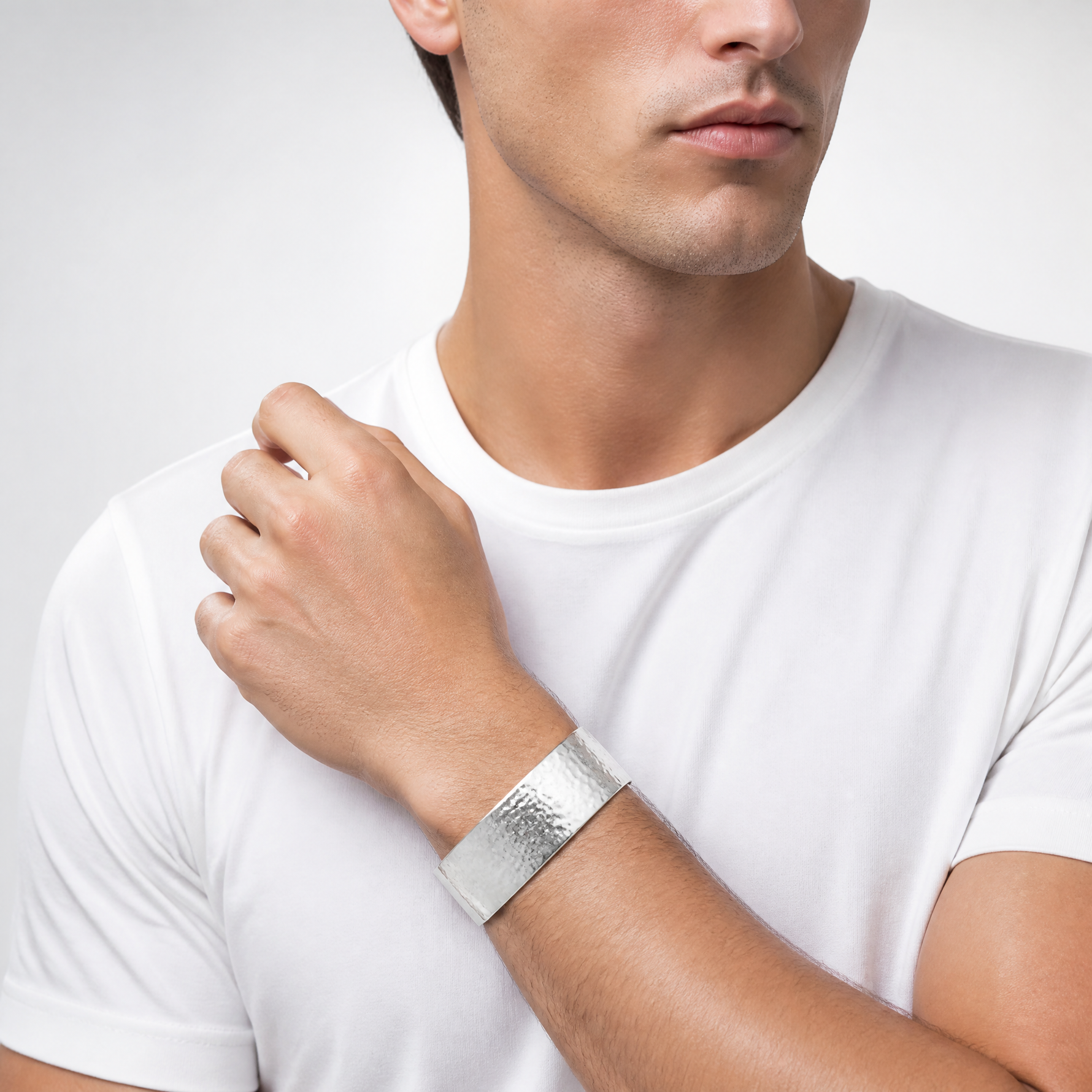 Sterling Silver 25mm Flat Hammered Cuff Bangle - Model Shot