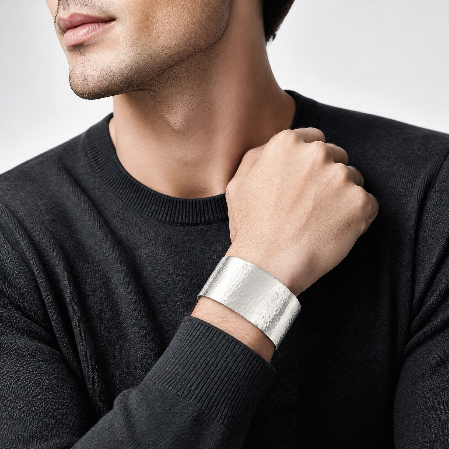 Sterling Silver 30mm Flat Hammered Cuff Bangle - Model Shot