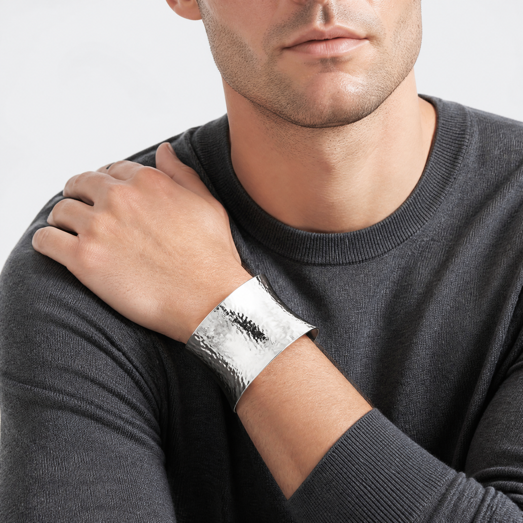 Sterling Silver 30mm Concave Hammered Cuff Bangle - Model Shot