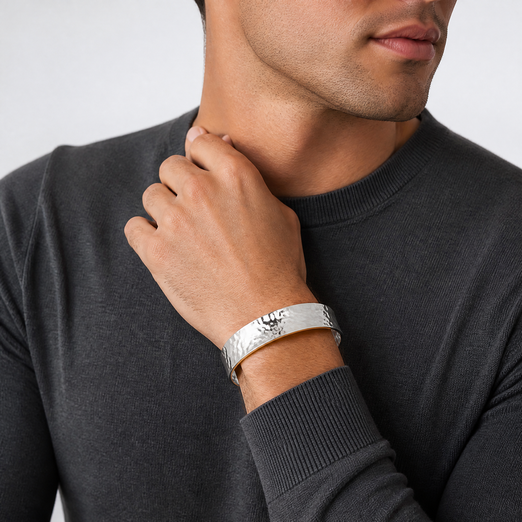 Sterling Silver 20mm Domed Hammered Cuff Bangle - Model Shot