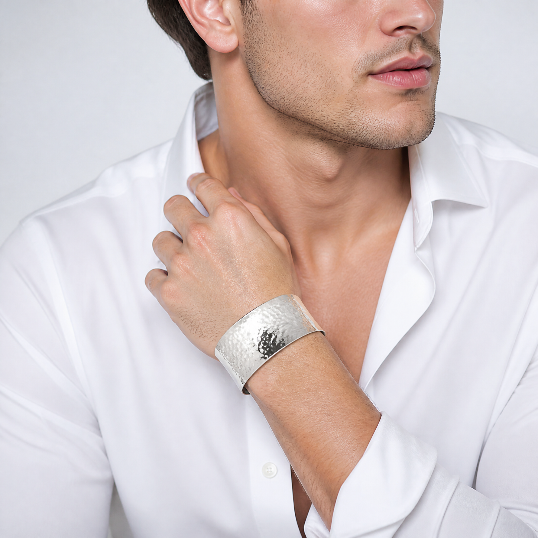 Sterling Silver 30mm Domed Hammered Cuff Bangle - Model Shot