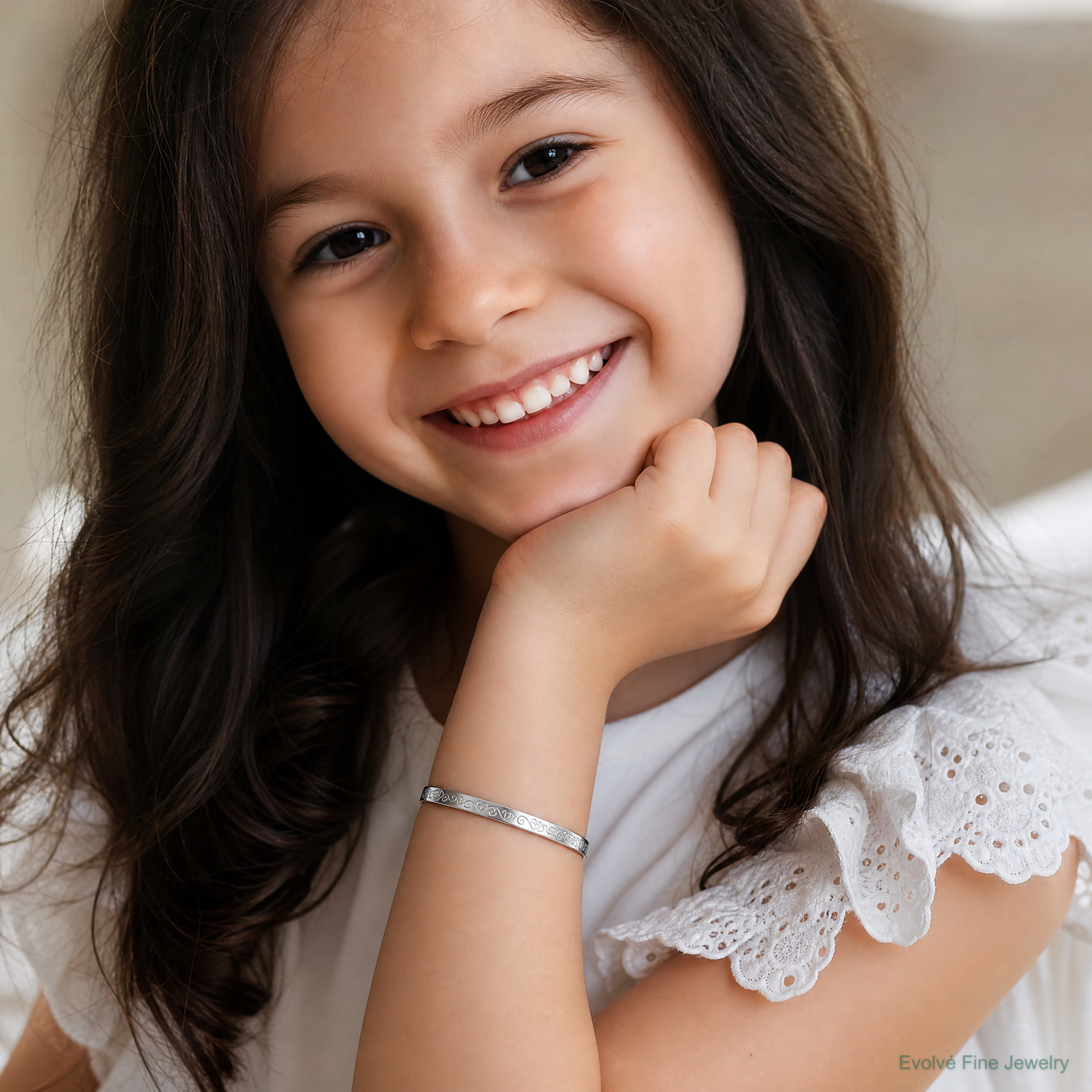Sterling Silver Rh-plated Heart Pattern Children's Expandable Bangle - Model Shot