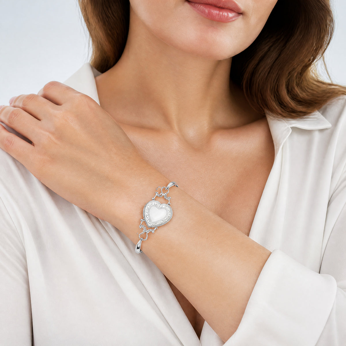 Sterling Silver 22mm Heart Locket Flexible Bangle Bracelet - Model Shot