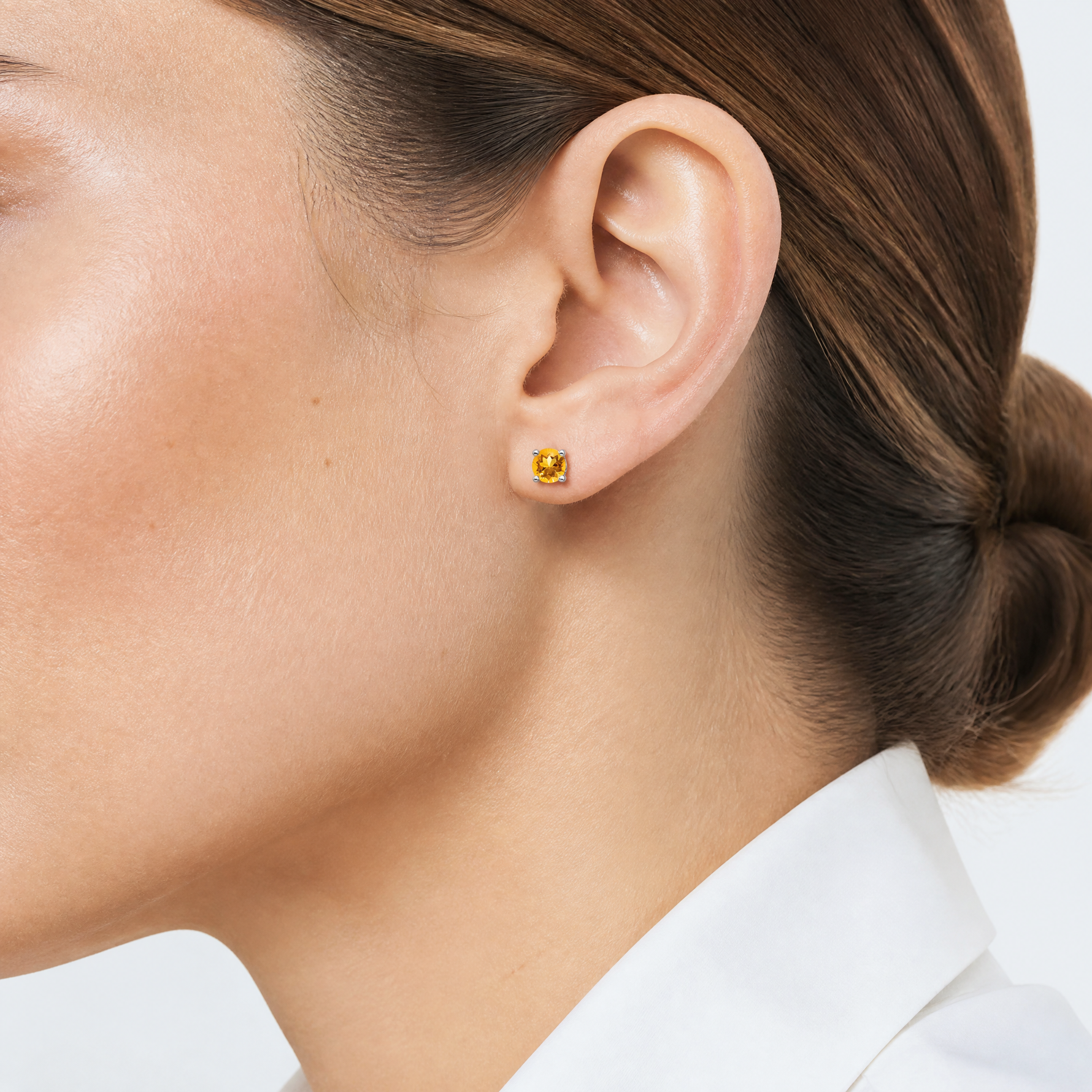 Sterling Silver Rhodium-plated 4mm Round Citrine Post Earrings - Model Shot