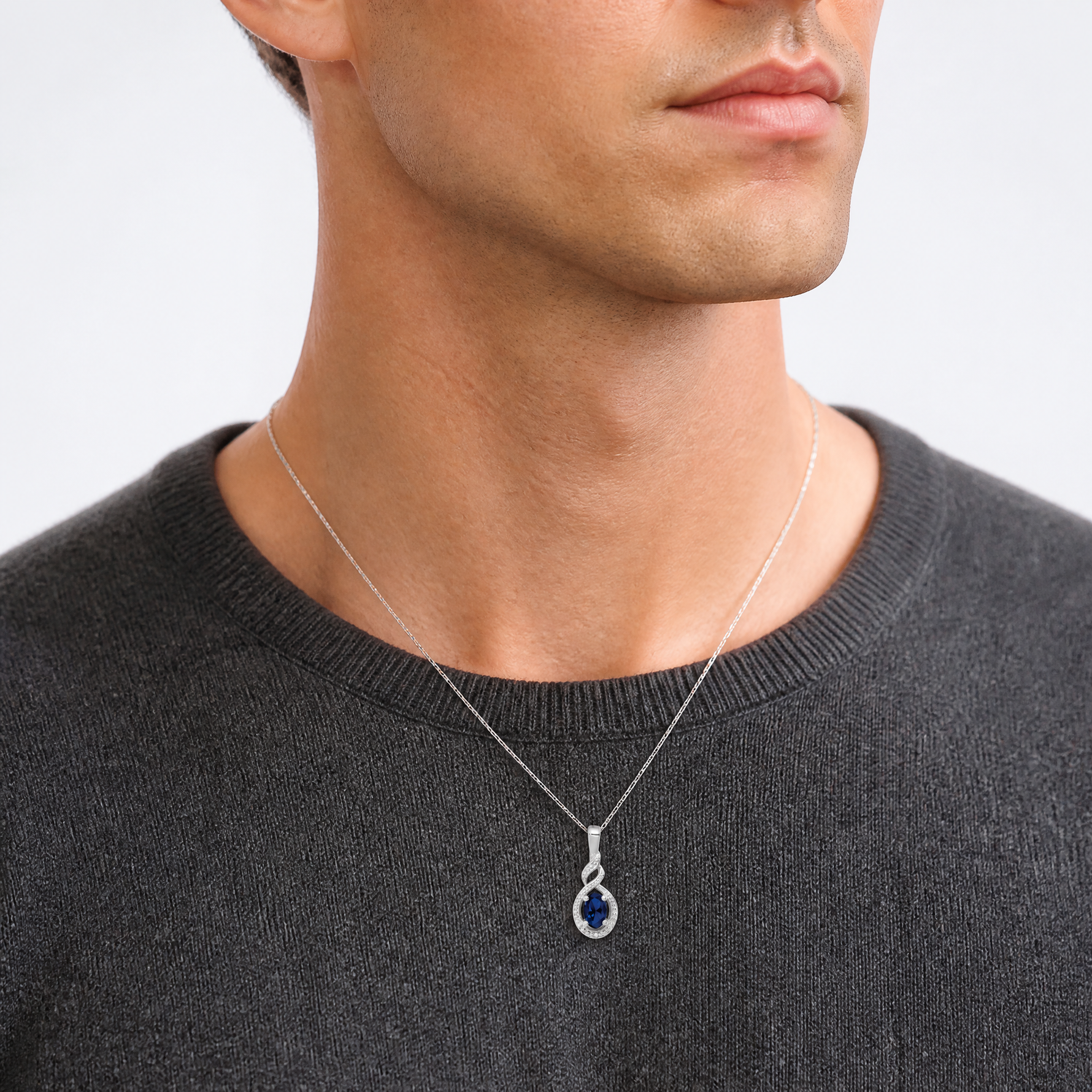 Sterling Silver Rhodium-plated Created Sapphire & Diam. Pendant - Model Shot