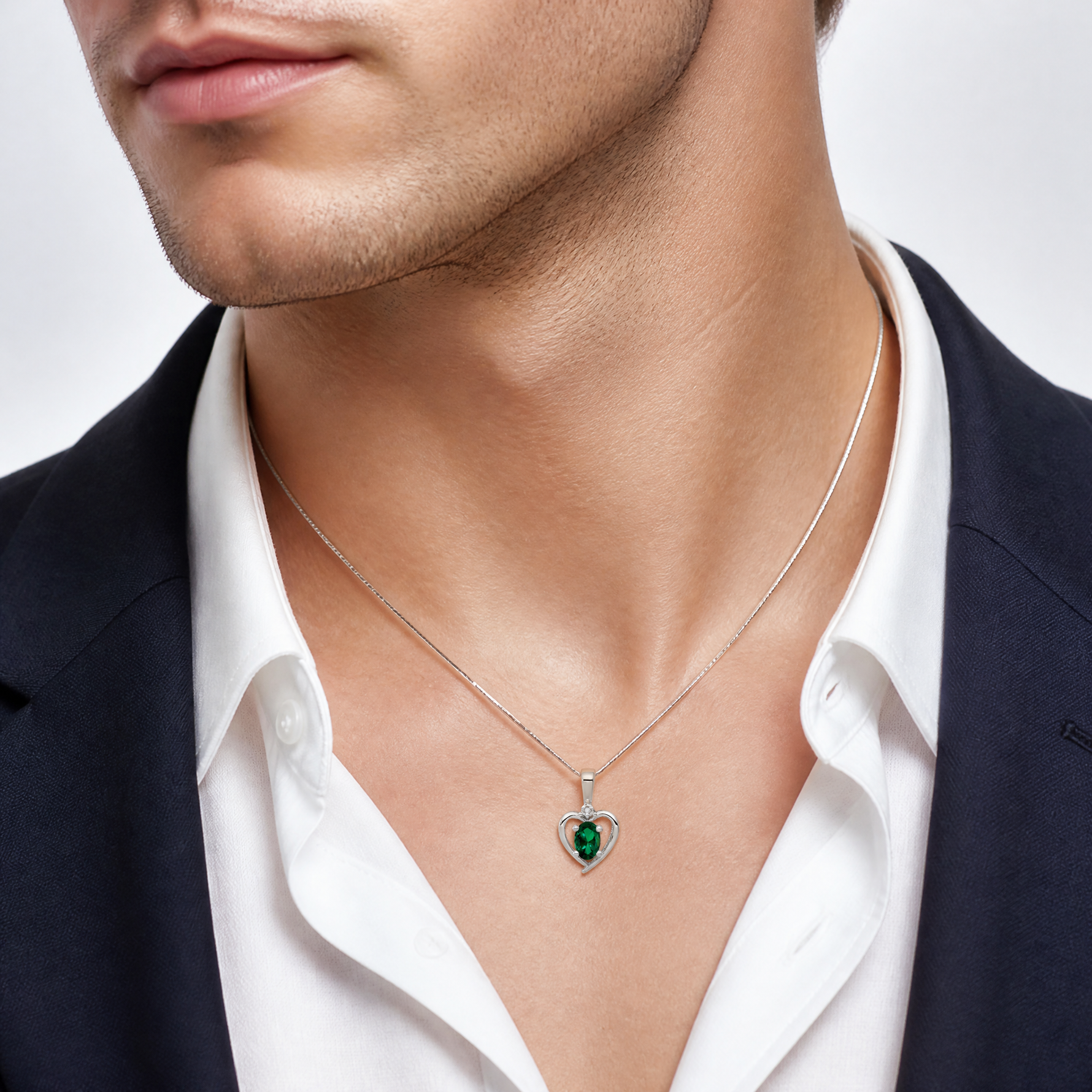 Sterling Silver Rhodium-plated Created Emerald & Diam. Pendant - Model Shot