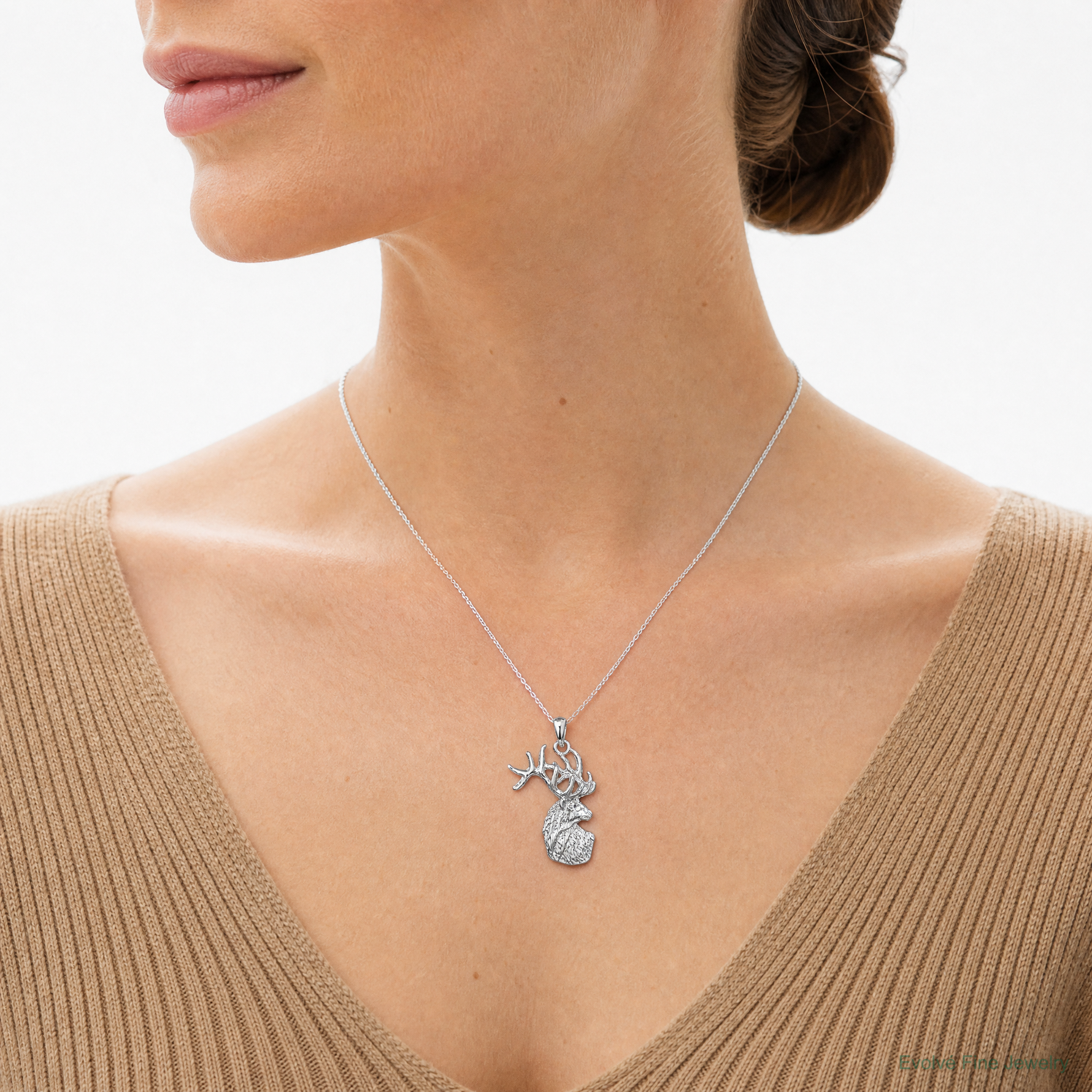 Sterling Silver Rhodium-plated Polished/Textured Deer Head Pendant - Model Shot