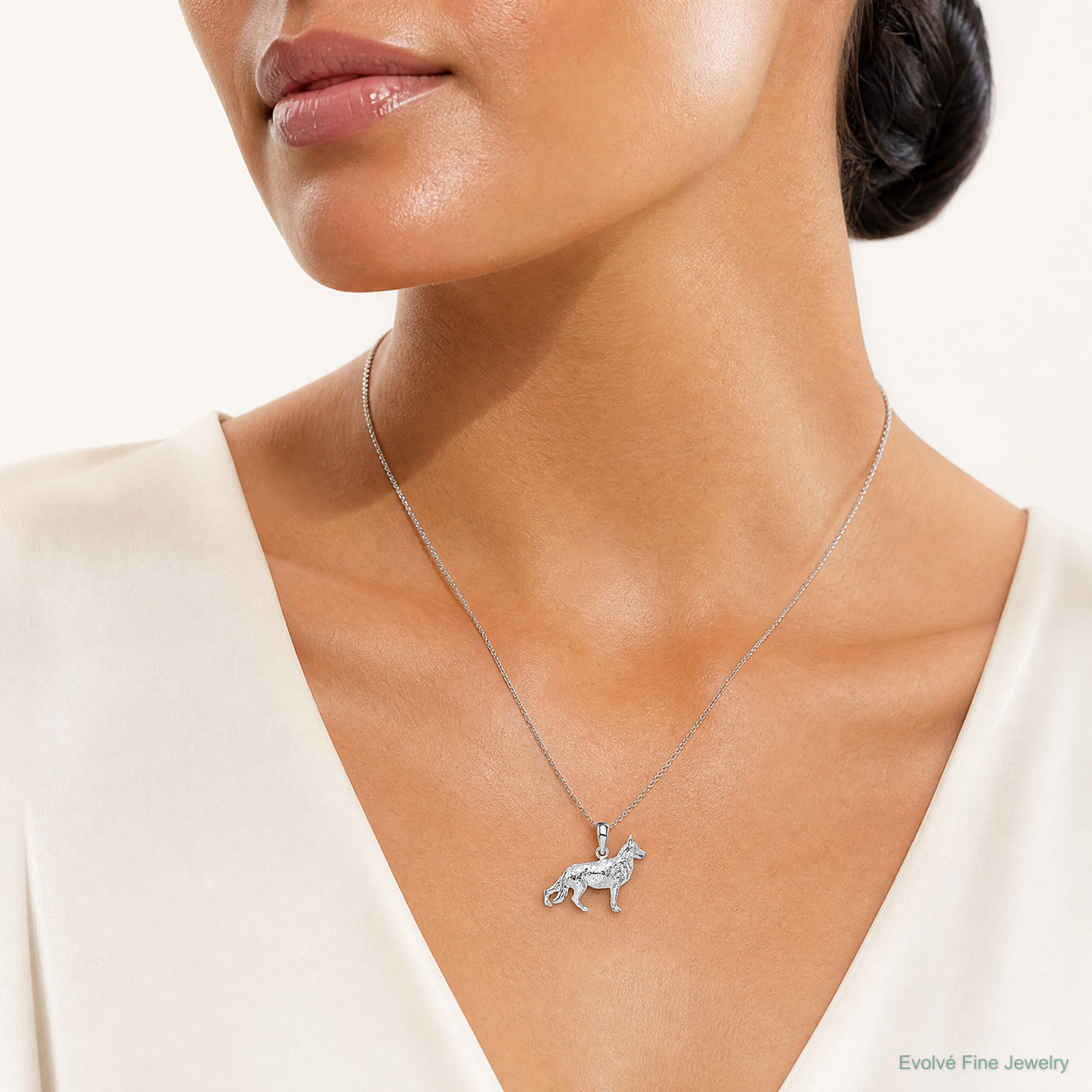 Sterling Silver Rhodium-plated Textured 3D German Shepherd Pendant - Model Shot