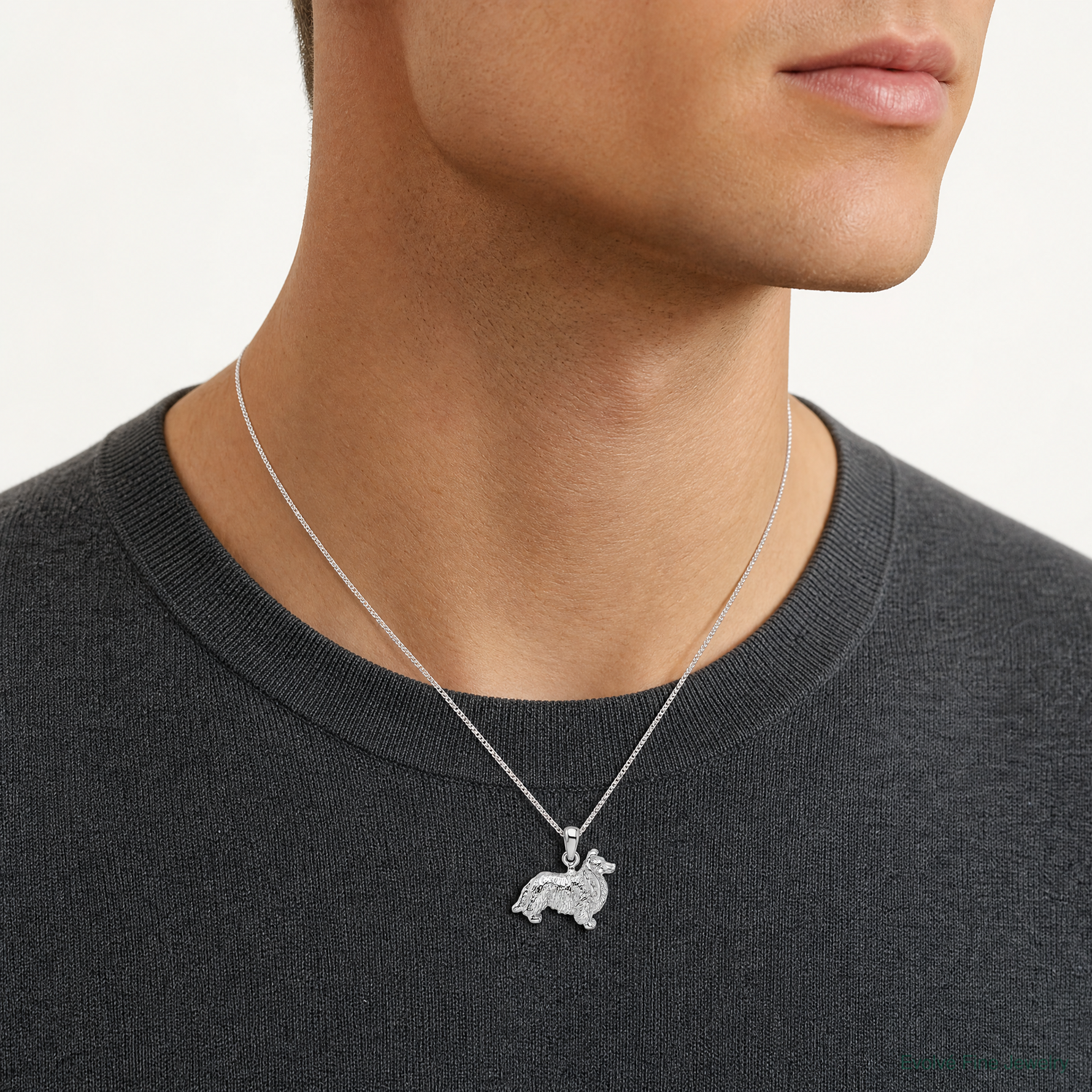 Sterling Silver Rhodium-plated Textured 3D Shetland Sheepdog Pendant - Model Shot