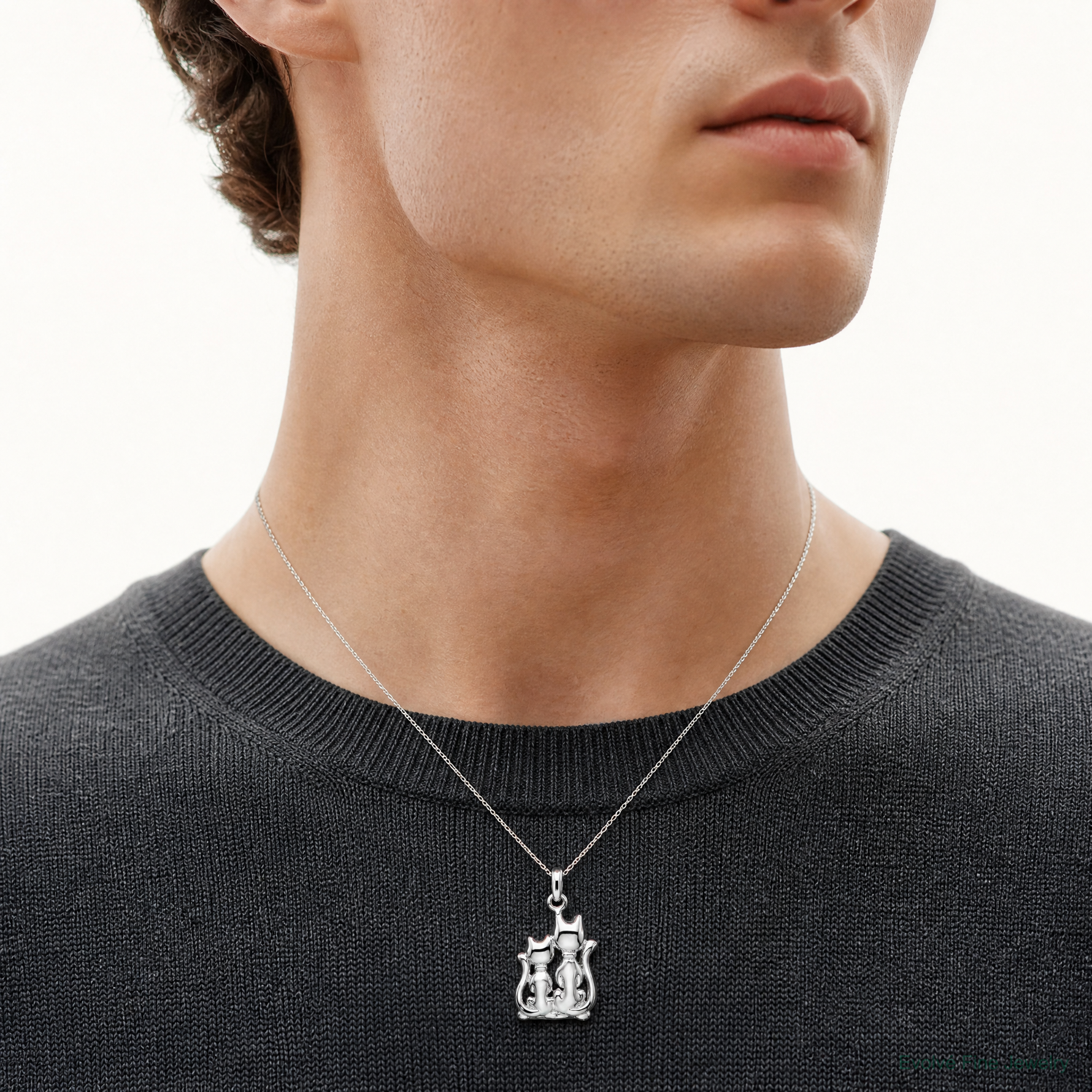 Sterling Silver Rhodium-plated Polished Big and Little Cats Pendant - Model Shot