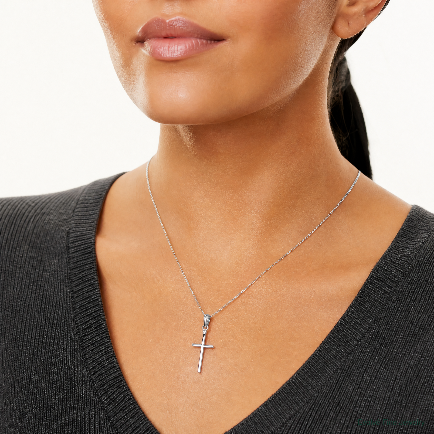 Sterling Silver Polished Thin Latin Cross Pendant - Model Shot