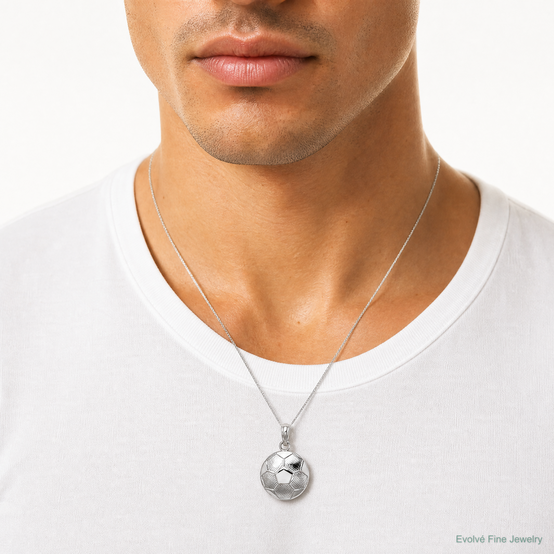 Sterling Silver Rhodium-plated Polished/Textured Soccer Ball Pendant - Model Shot