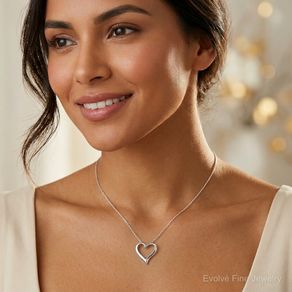 Sterling Silver Rhodium-plated Polished Large Floating Heart Pendant - Model Shot
