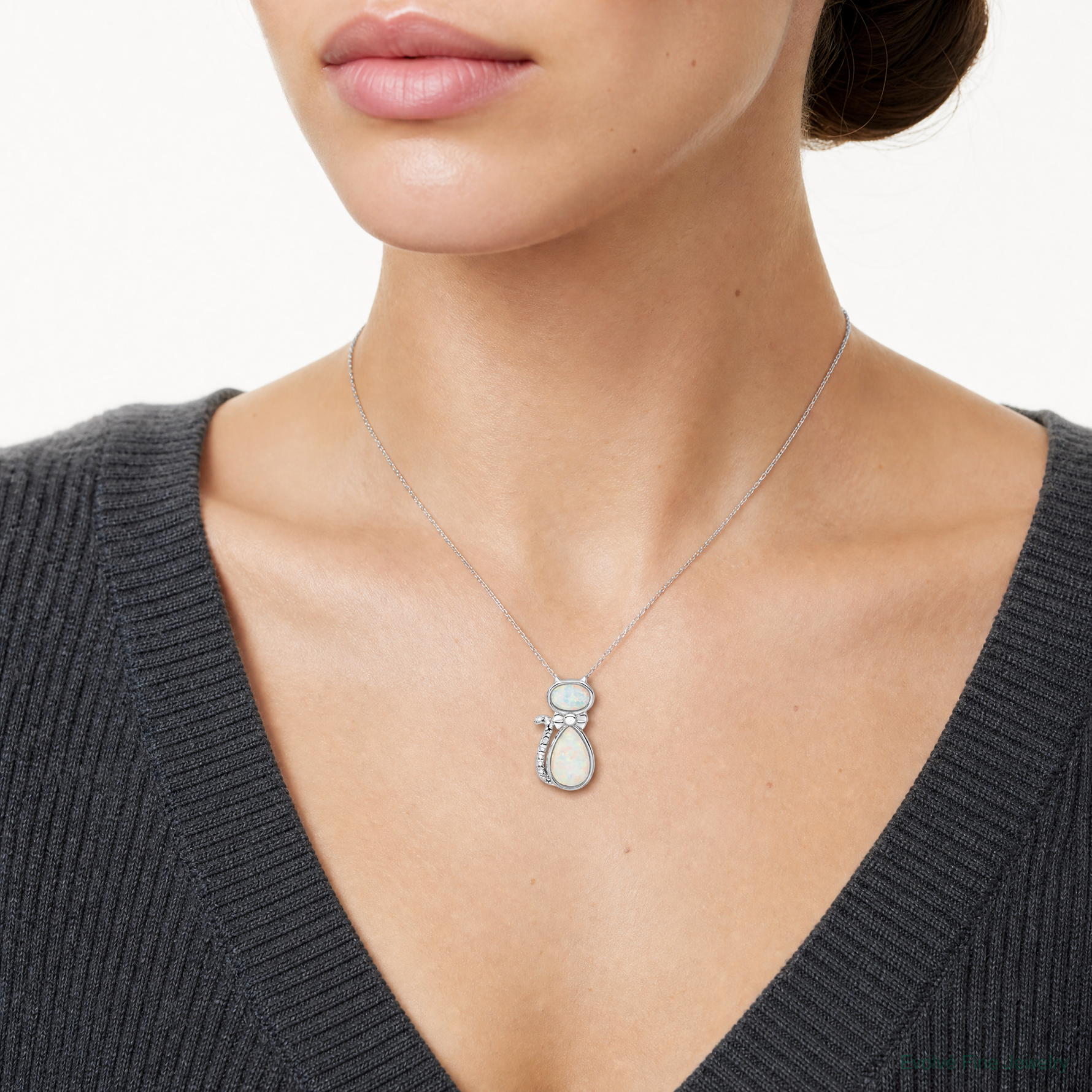 Sterling Silver Rhodium-plated White Created Opal Cat Chain Slide - Model Shot