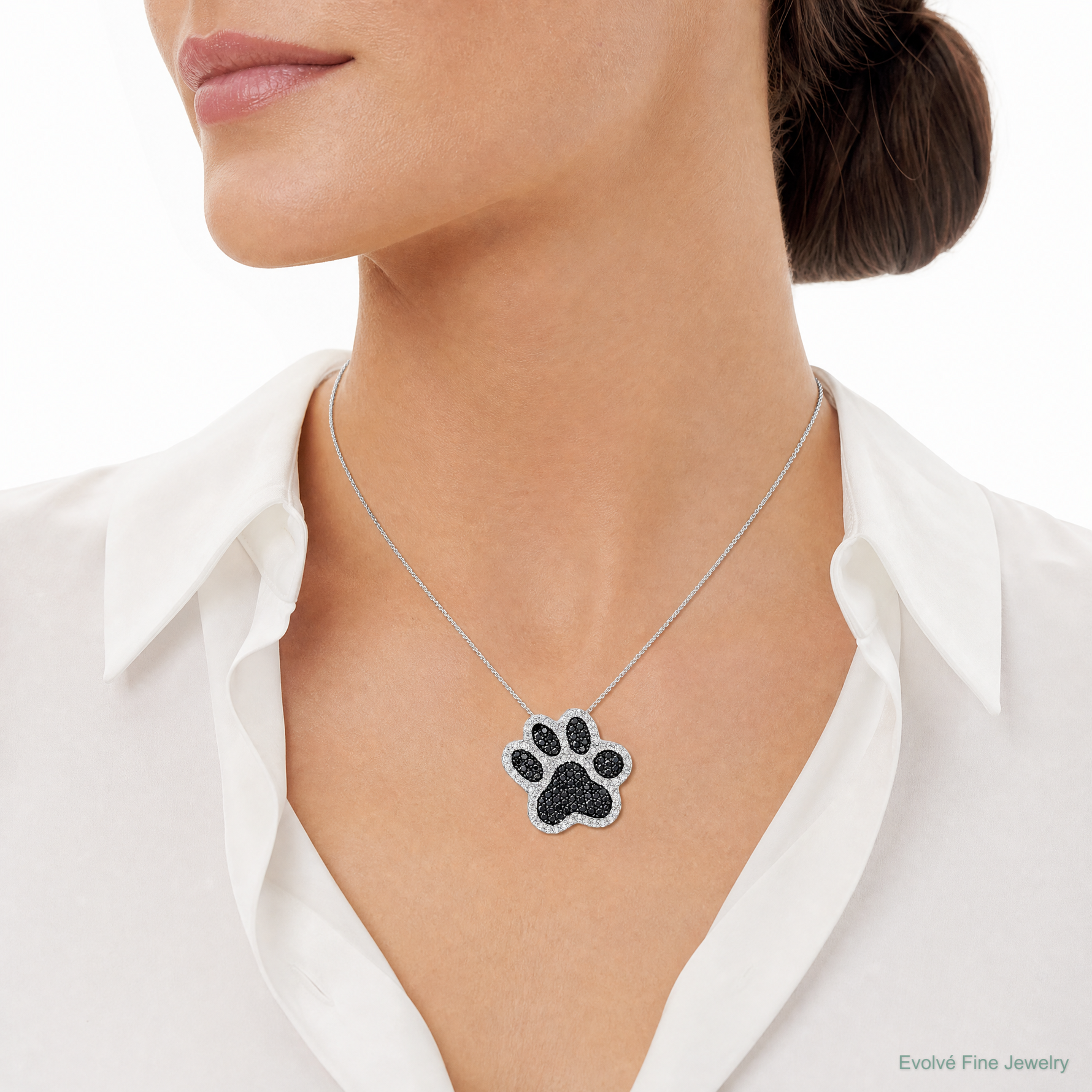 Sterling Silver Rhodium-plated Polished CZ Paw Print Chain Slide - Model Shot