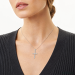 Sterling Silver Rhodium-plated Small CZ Wavy Cross Pendant - Model Shot