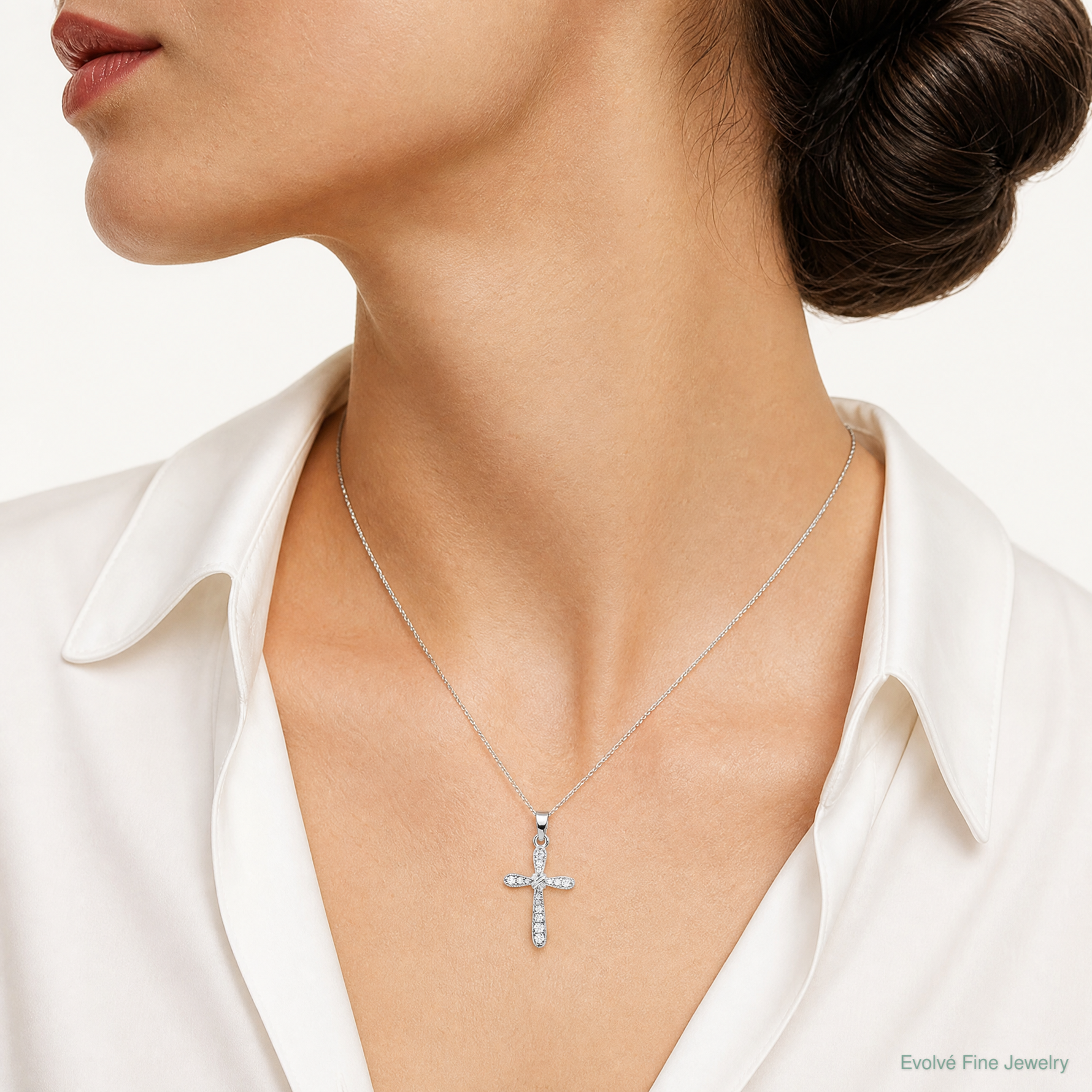 Sterling Silver Rhodium-plated w/CZ X-Center Cross Pendant - Model Shot