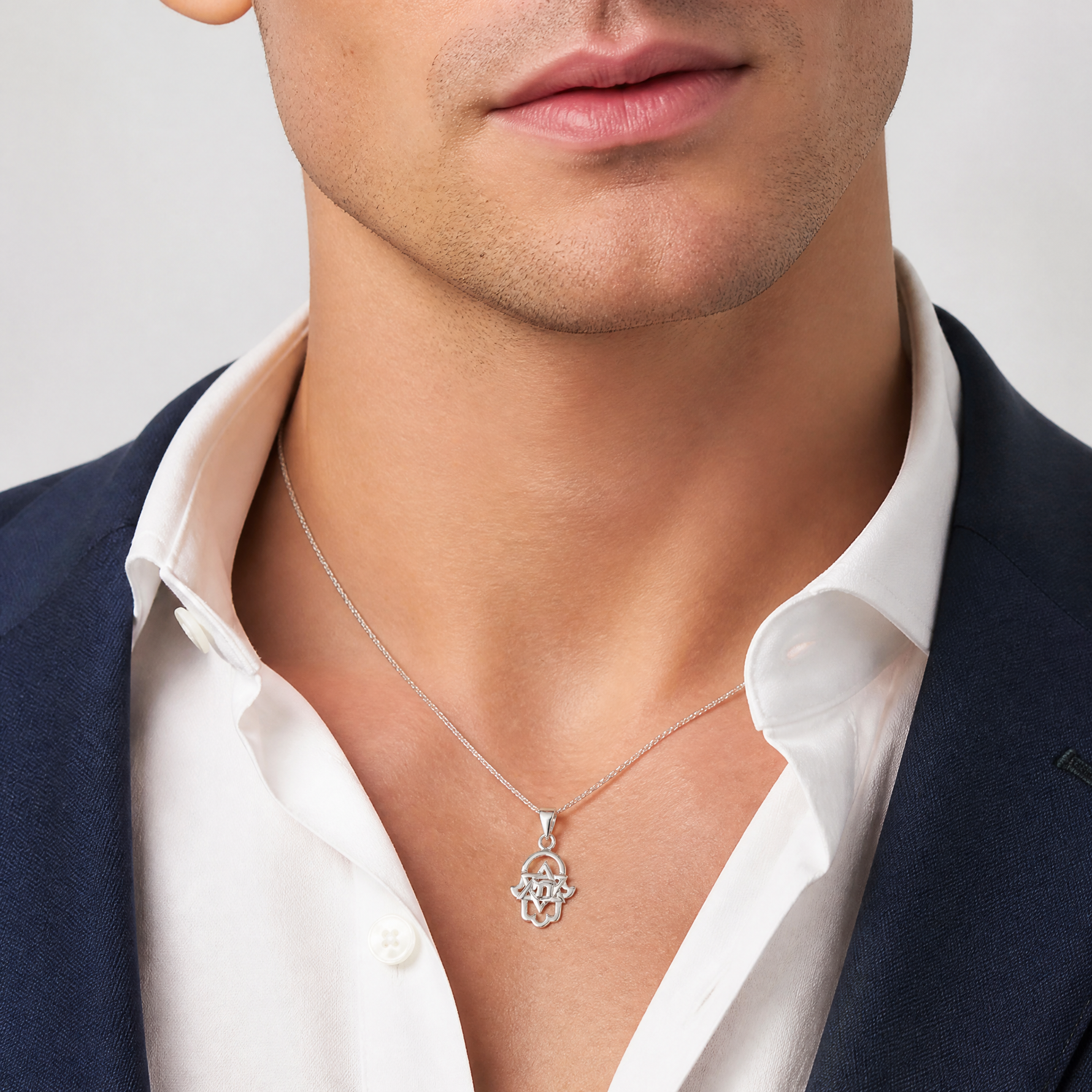 Sterling Silver Polished Chai in Star of David Hamsa Pendant - Model Shot