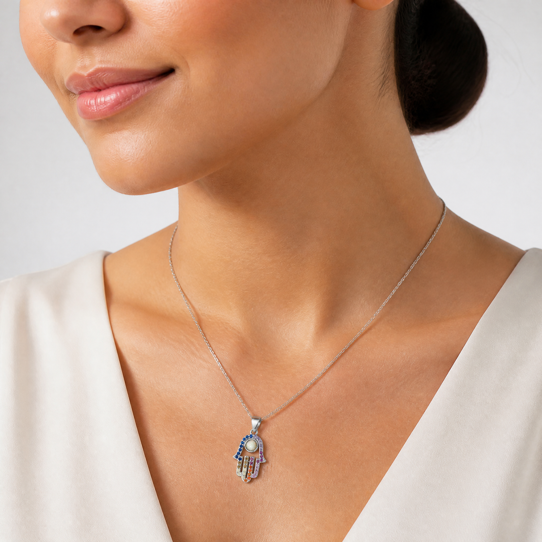 Sterling Silver Rhodium-plated Multicolor CZ & Synthetic Opal Hamsa Pendant - Model Shot