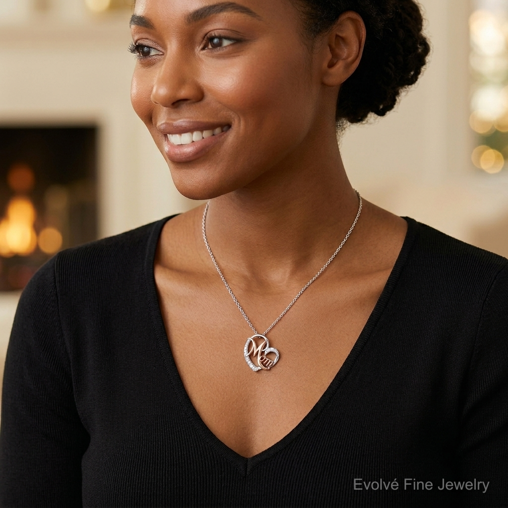 Sterling Silver Rose Gold-plated/Rhodium-plated CZ Mom Heart Chain Slide - Model Shot