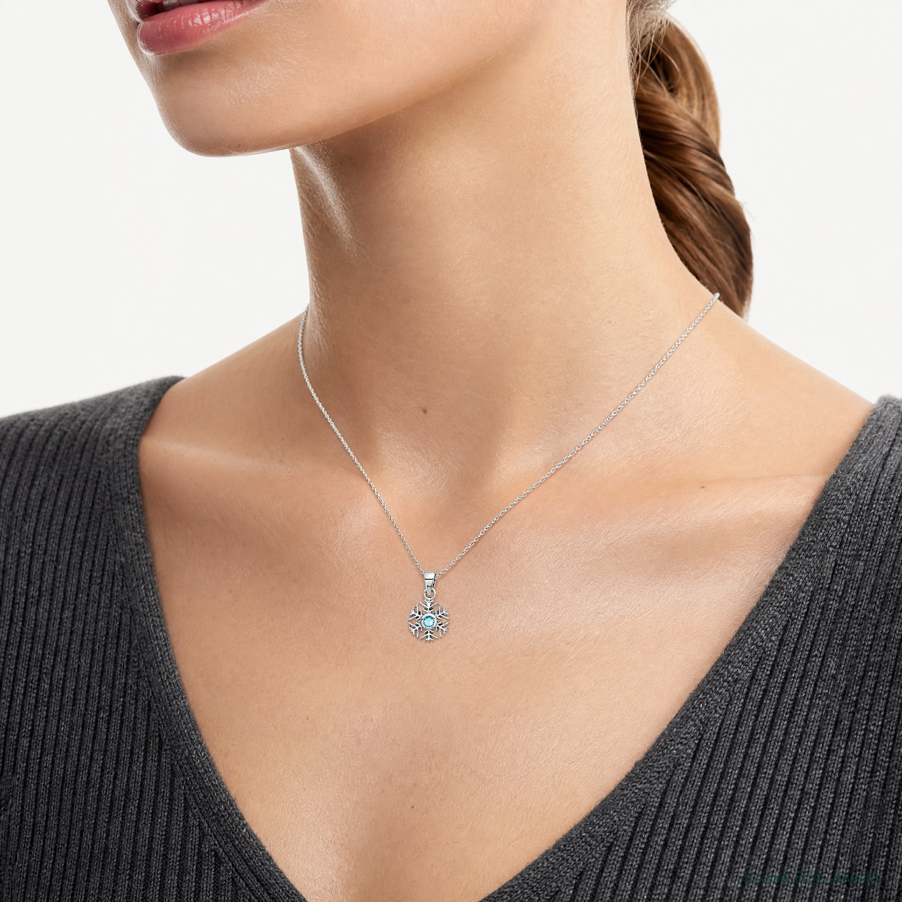 Sterling Silver Rhodium-plated Aqua CZ Snowflake Pendant - Model Shot