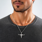 Sterling Silver Rhodium-plated Antiqued Bull Skull Pendant - Model Shot