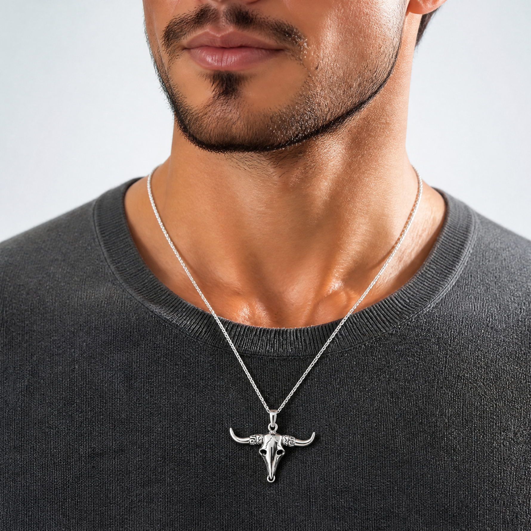Sterling Silver Rhodium-plated Antiqued Bull Skull Pendant - Model Shot