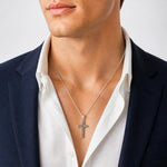 Sterling Silver Polished and Antiqued Greek Key Latin Cross Pendant - Model Shot