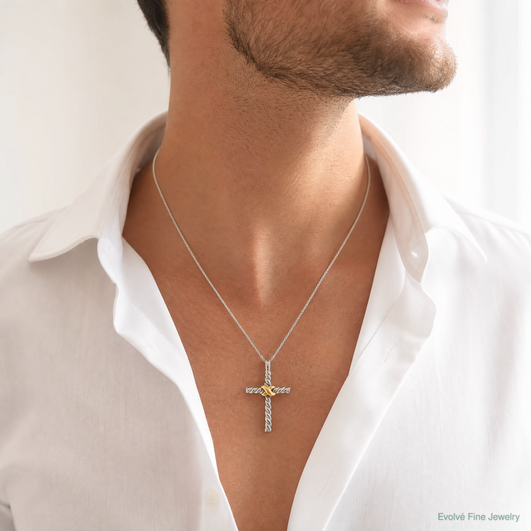Sterling Silver and Gold-tone Polished Cross Pendant - Model Shot
