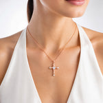 Sterling Silver Rose-tone Heart CZ and Synthetic Pearl Cross Pendant - Model Shot