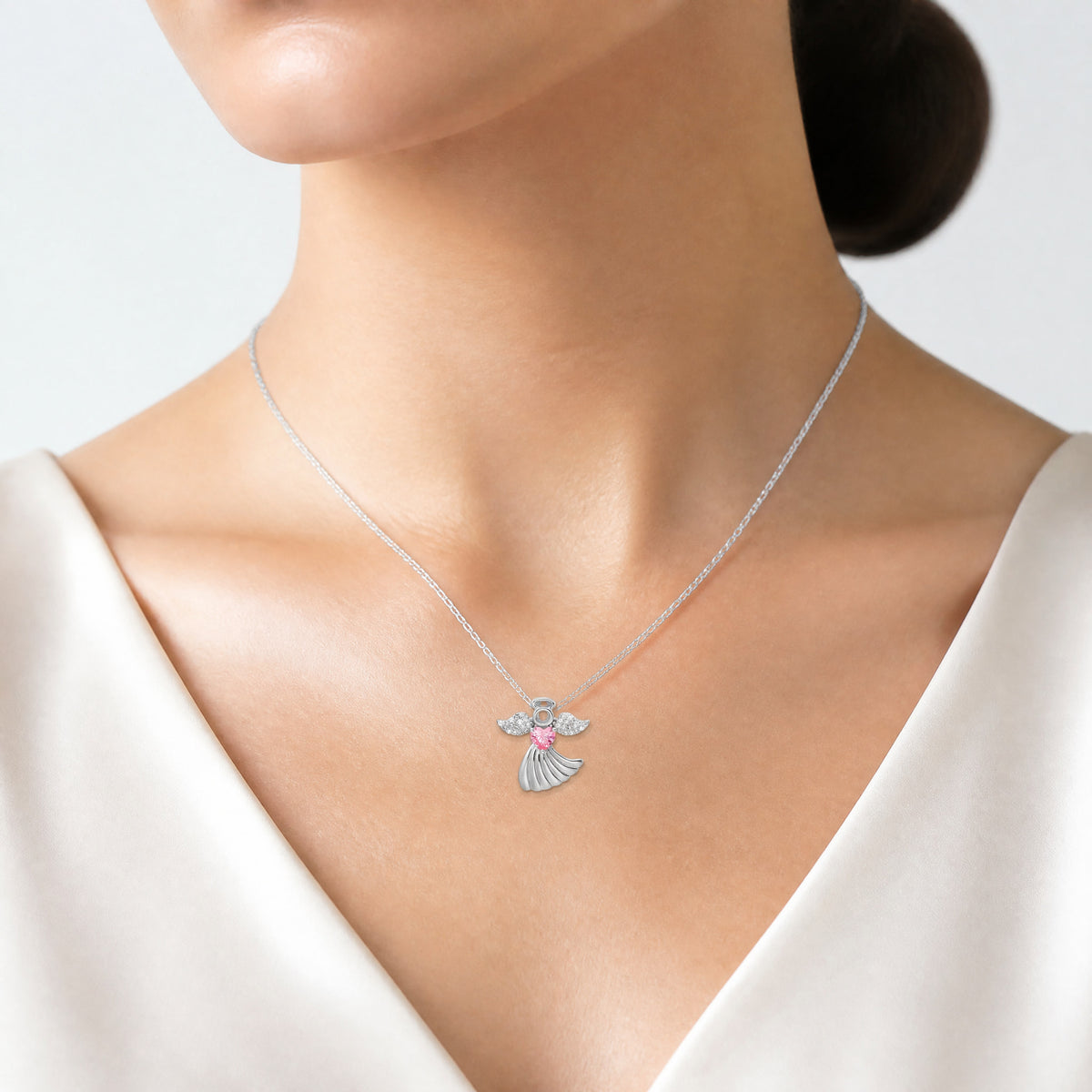 SS Rhodium-plated Pink and Clear CZ Angel Chain Slide Pendant - Model Shot