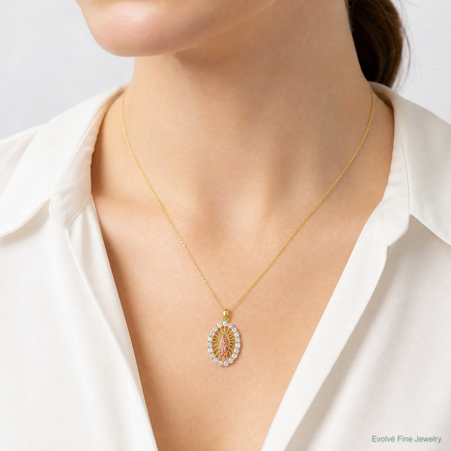 SS Gold and Rose-tone CZ Our Lady of Guadalupe Oval Pendant - Model Shot