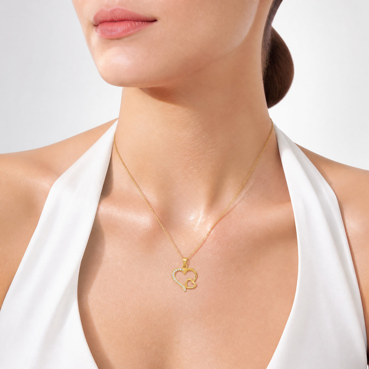 Sterling Silver Gold-tone Polished CZ Heart Pendant - Model Shot