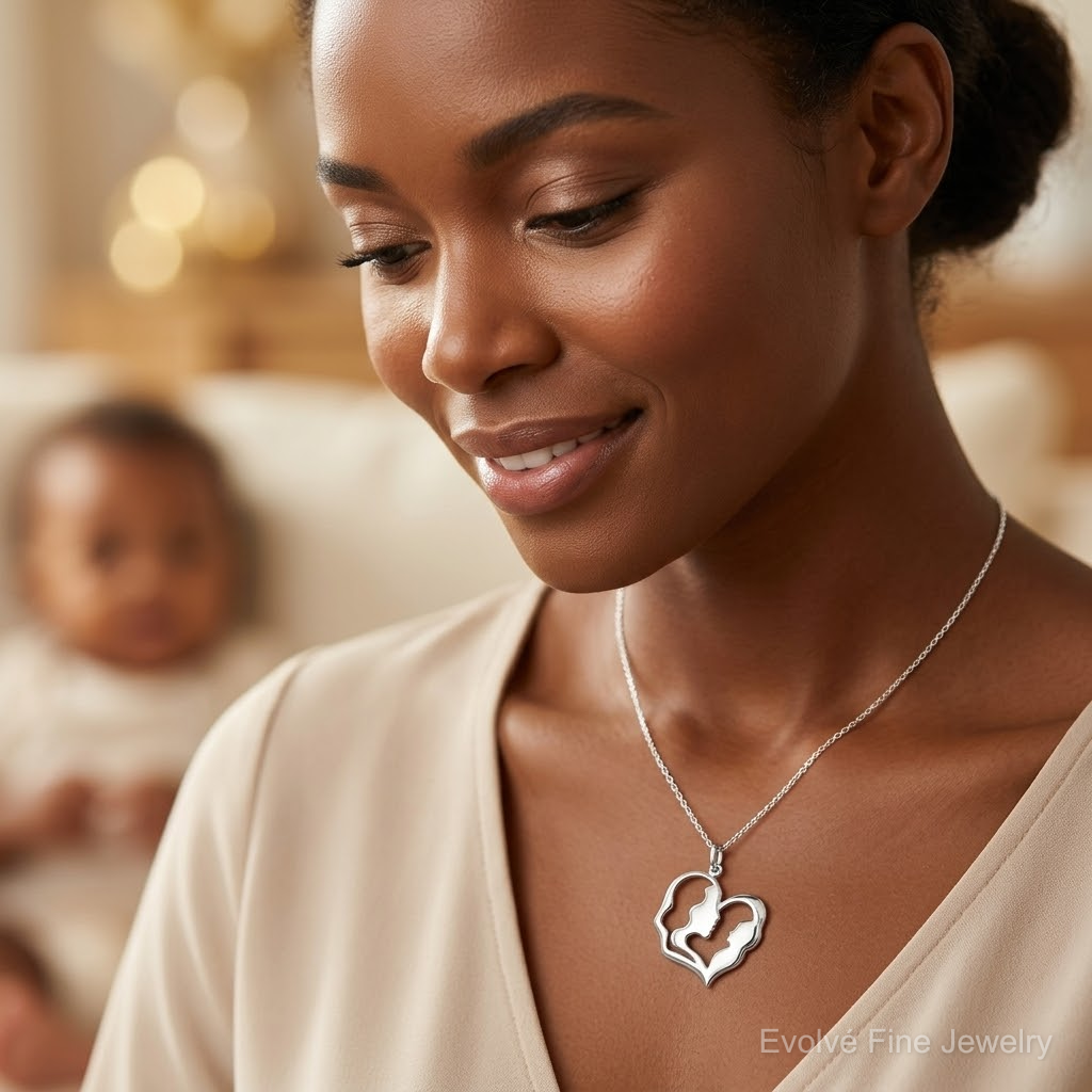 Sterling Silver Mother & Baby Pendant - Model Shot