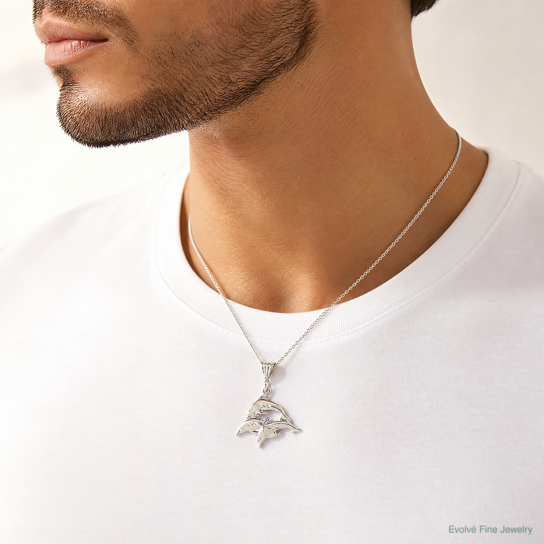 Sterling Silver Trio of Dolphins Pendant - Model Shot