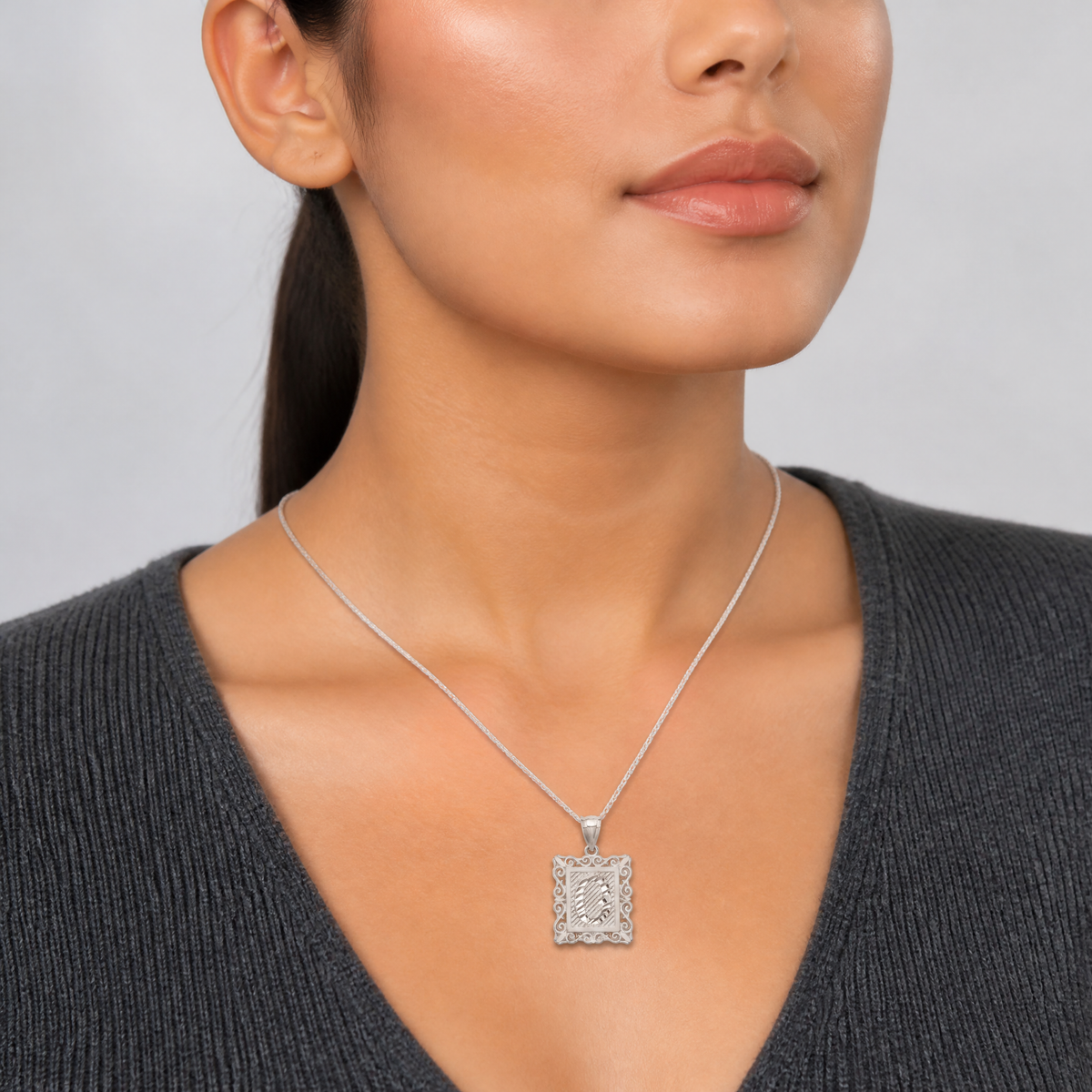 Sterling Silver Square Diamond-cut Letter O Initial Pendant - Model Shot