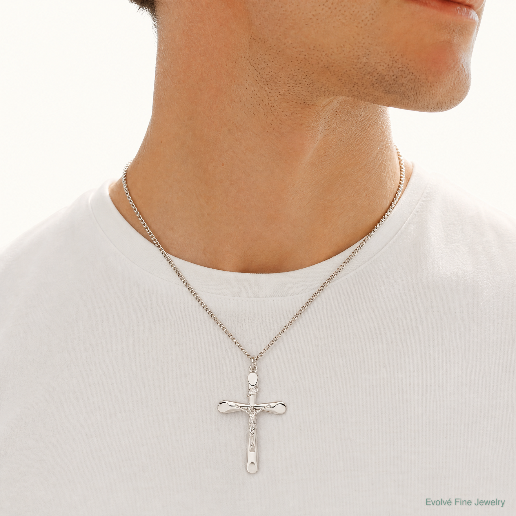 Sterling Silver Platinum-plated INRI Crucifix Pendant - Model Shot