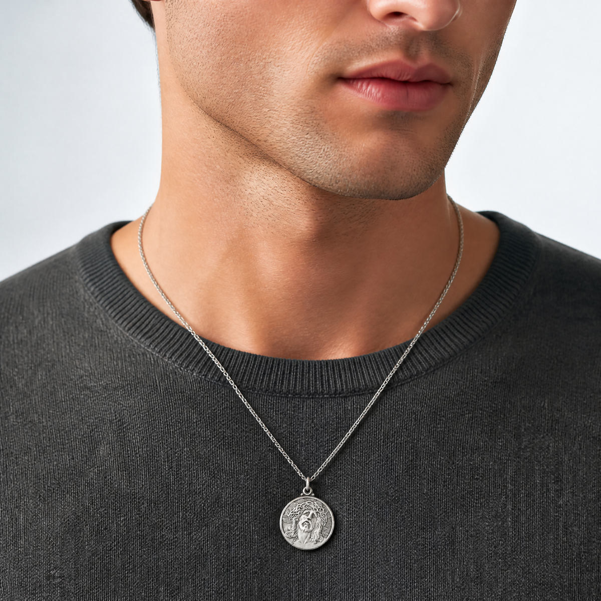 Sterling Silver Antiqued Ecce Homo Medal - Model Shot