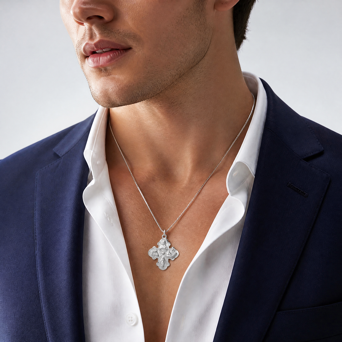 Sterling Silver Platinum-plated Satin 4-way Medal - Model Shot
