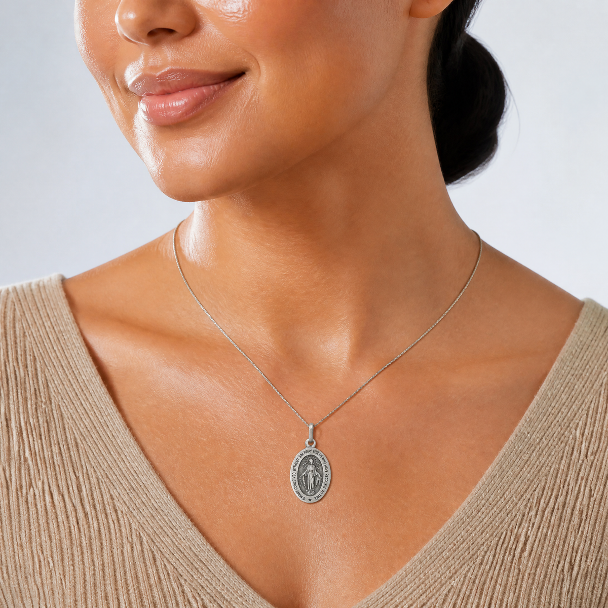 Sterling Silver Antiqued Miraculous Medal - Model Shot