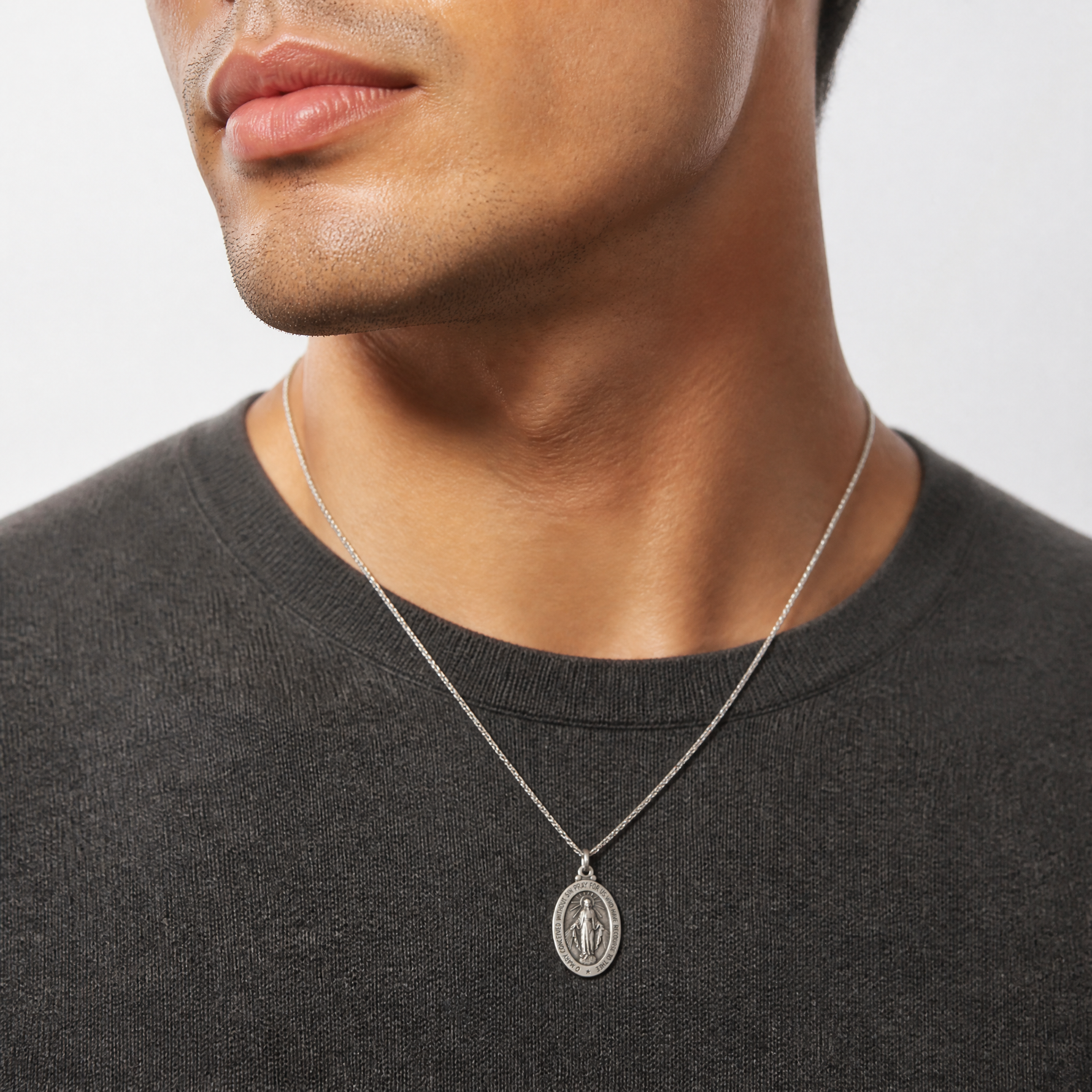 Sterling Silver Antiqued Miraculous Medal - Model Shot