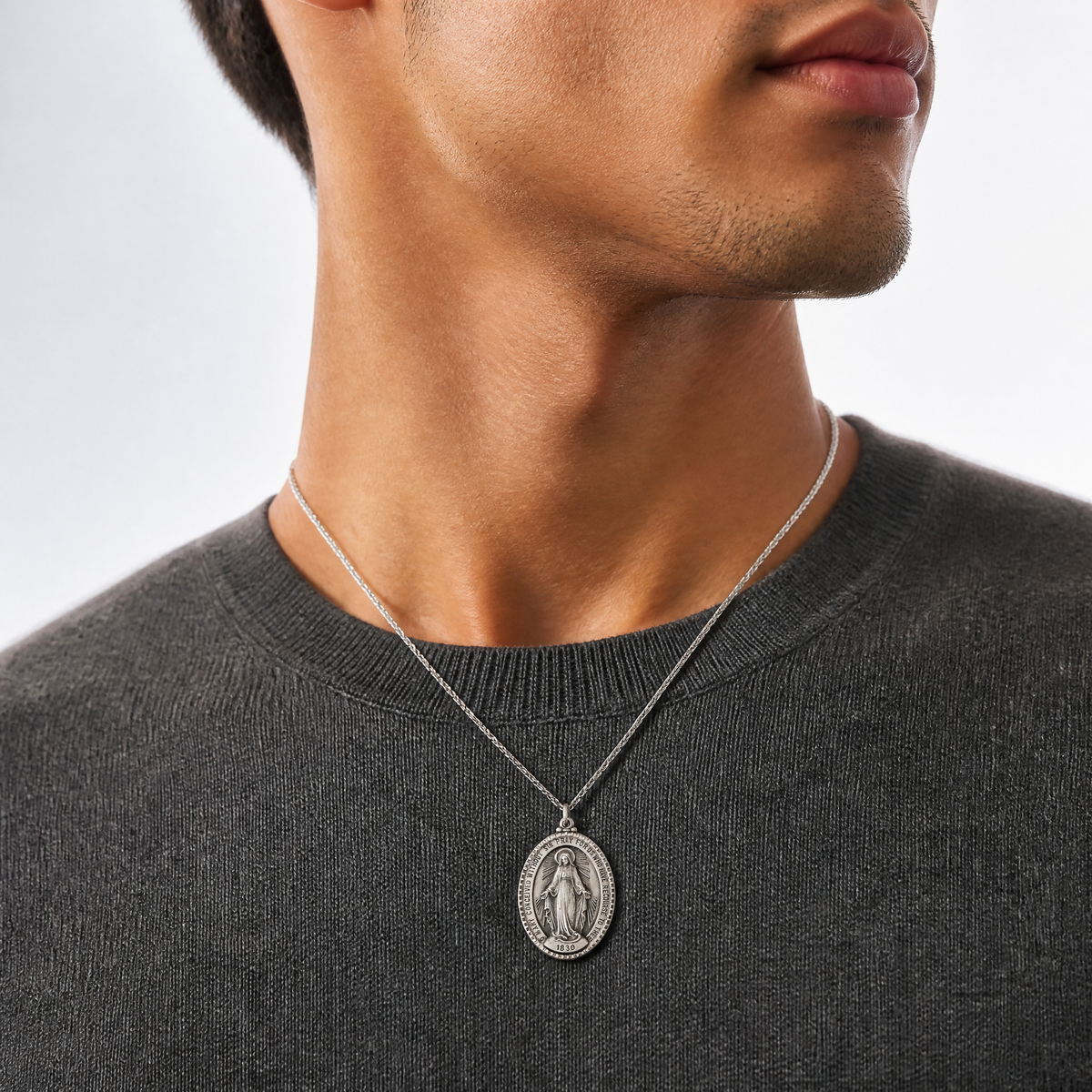 Sterling Silver Antiqued Miraculous Medal - Model Shot