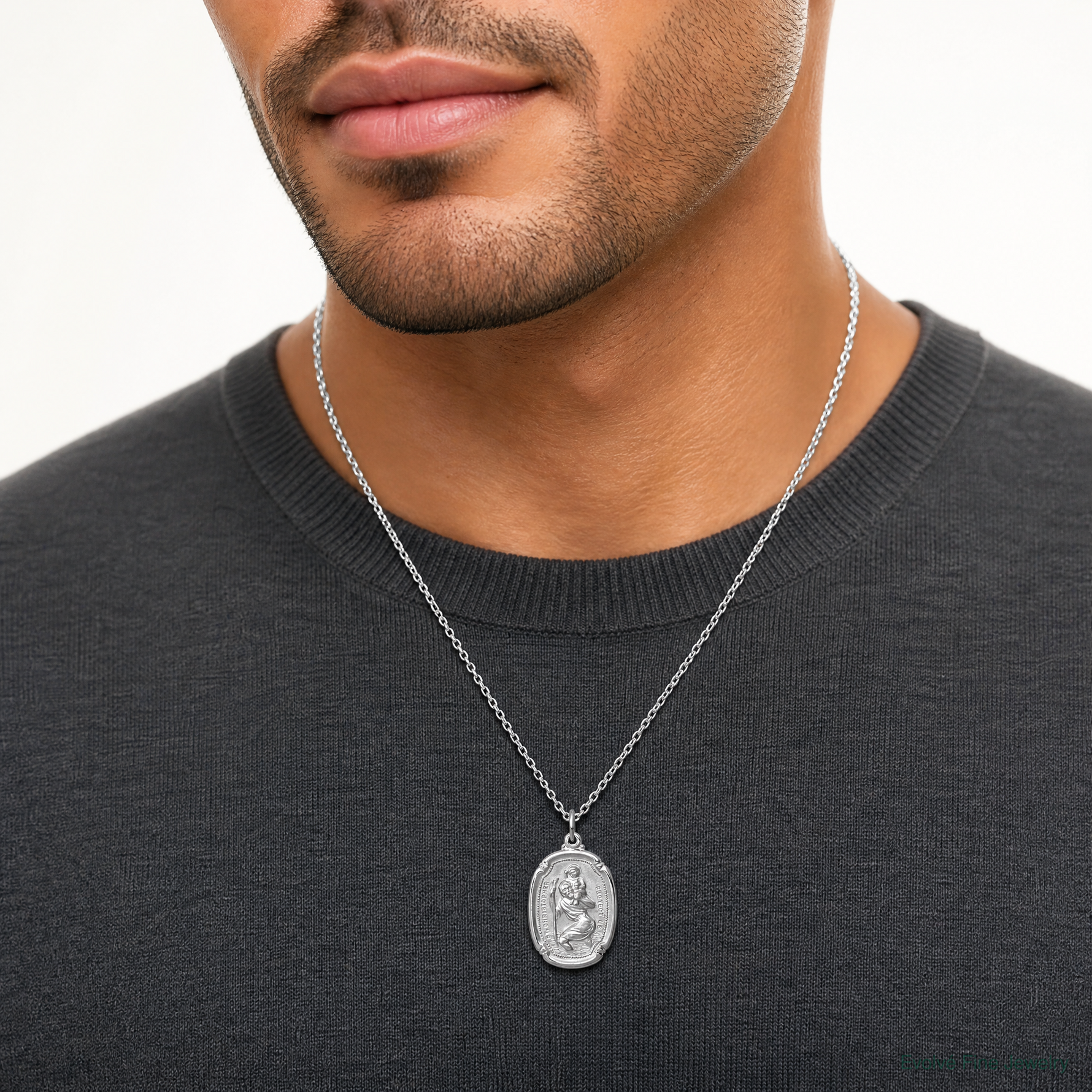 Sterling Silver Platinum-plated St. Christopher Medal - Model Shot
