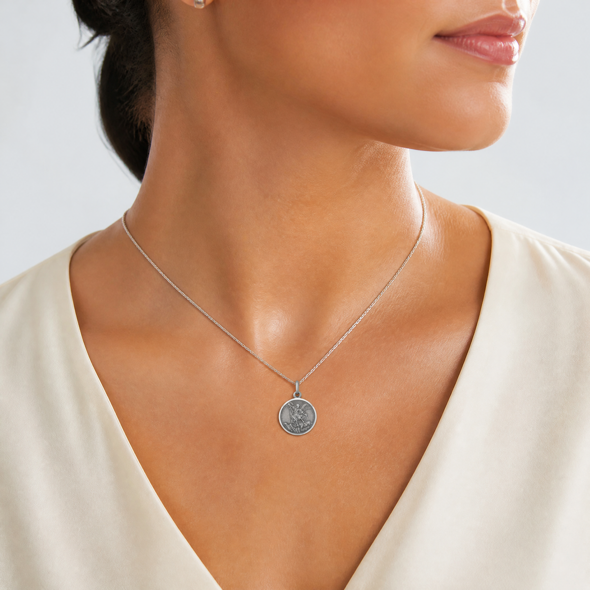 Sterling Silver Antiqued Saint Michael Medal - Model Shot