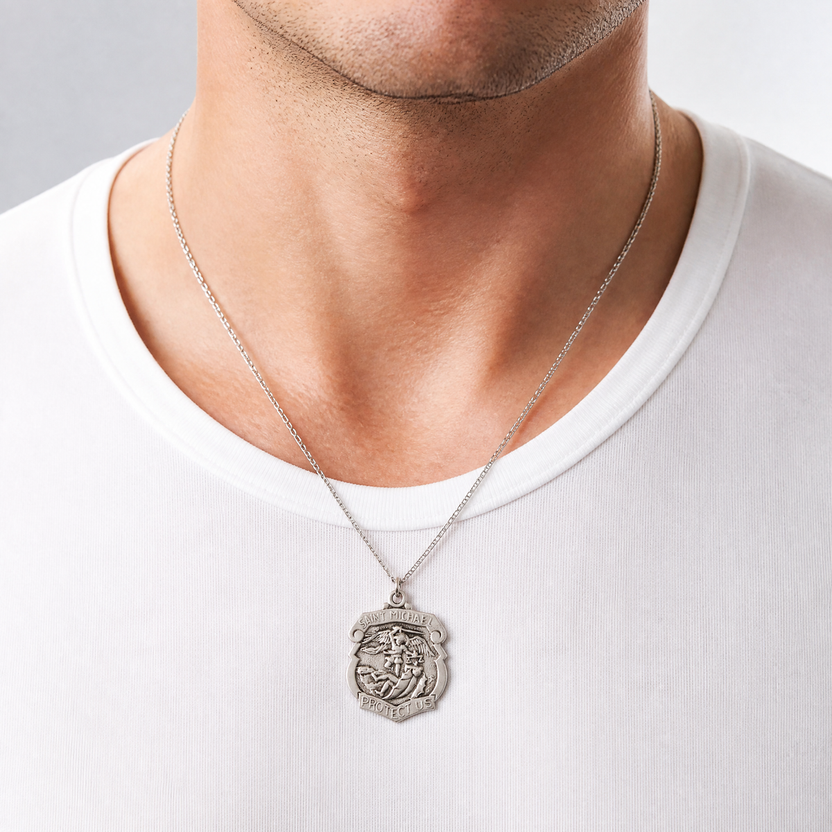 Sterling Silver Antiqued D/C St. Michael Badge Medal - Model Shot