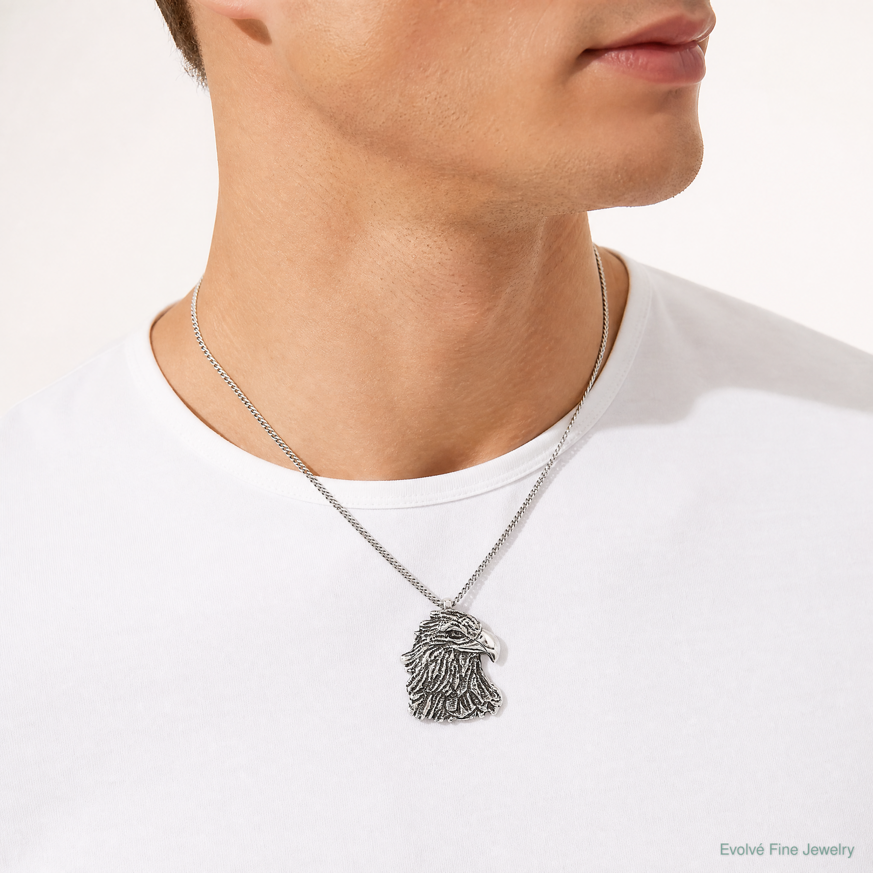 Sterling Silver Antiqued Eagle Head Pendant - Model Shot