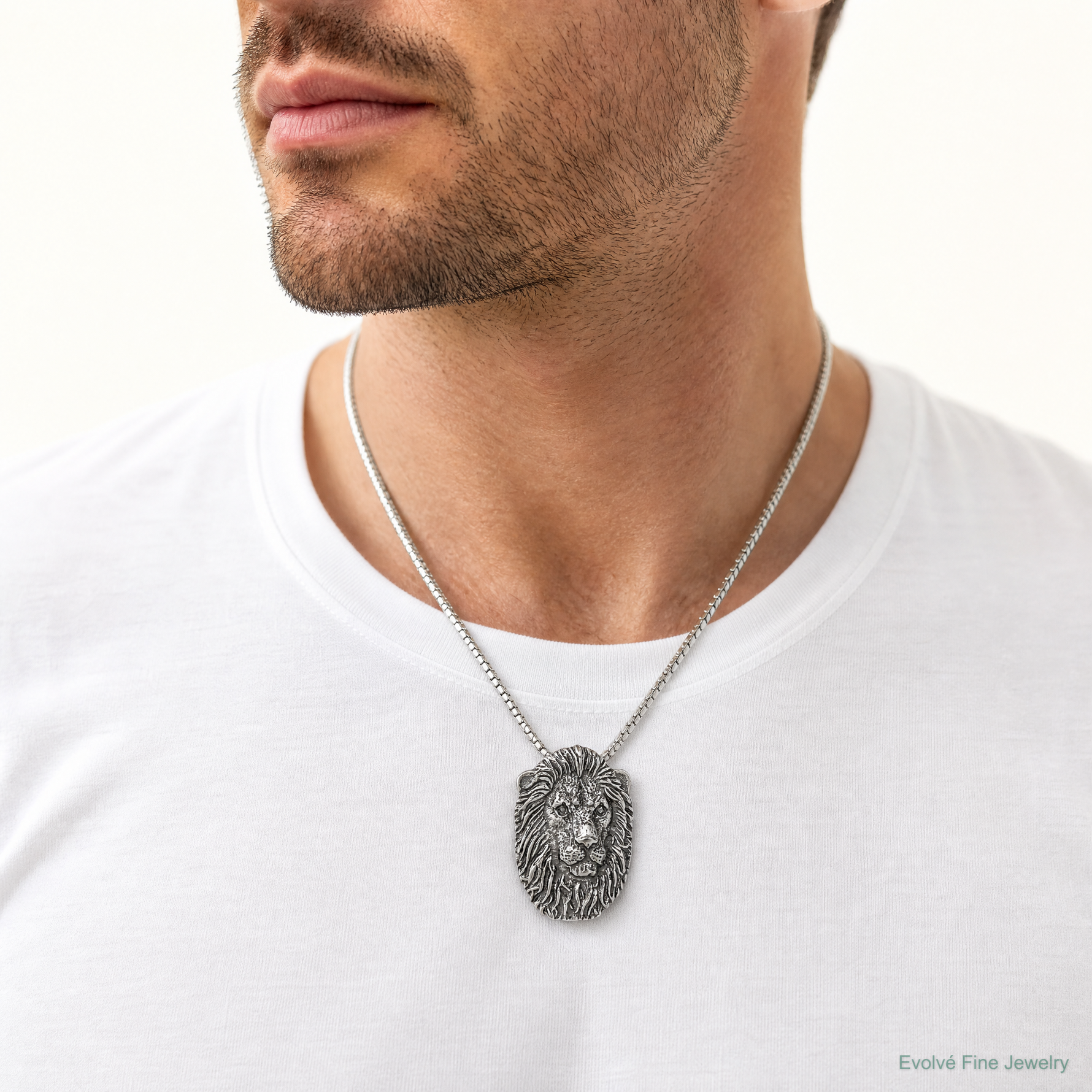 Sterling Silver Antiqued Lion Head Pendant - Model Shot
