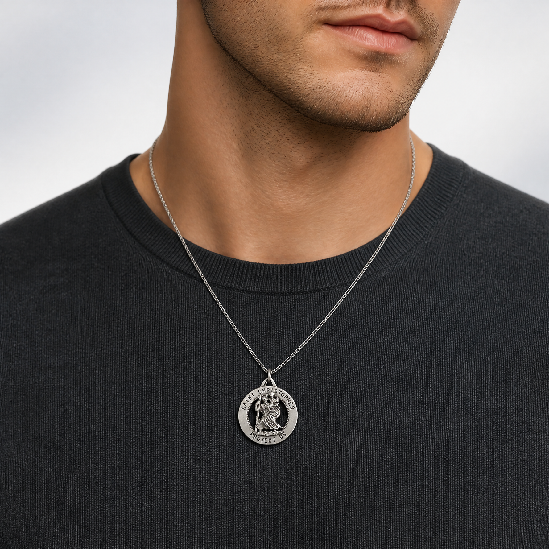 Sterling Silver Antiqued St. Christopher Medal - Model Shot